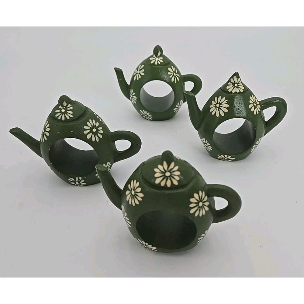 4 Wood Napkin Holders Hand Painted Green‎ Teapot Floral Vtg 70s 80s Cottagecore